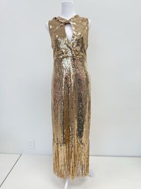 Mango Gold Sequin Fringe Evening Dress
